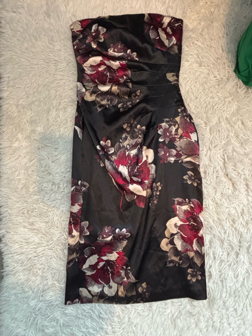 Strapless Black Floral Sheath Dress with Red Accents